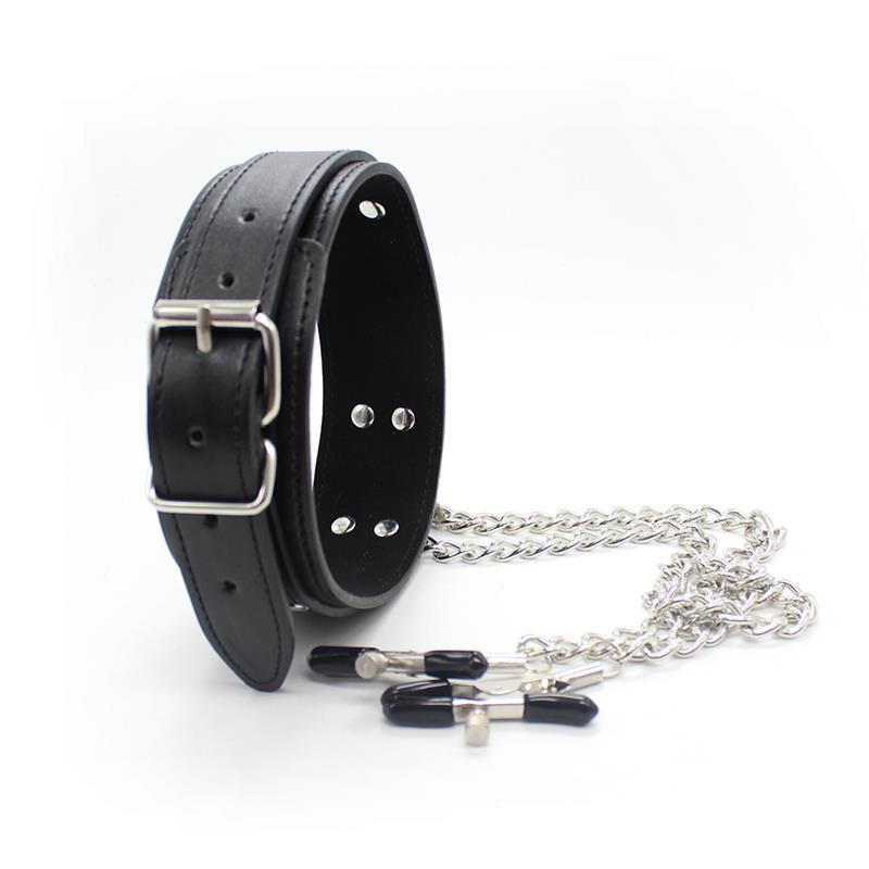 Collar with Nipple Clamps and metal Chain Black