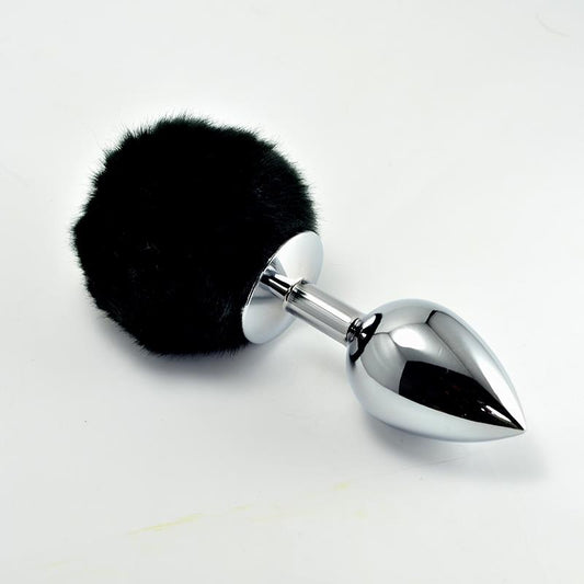 Metal Butt Plug with Black Pompon Size S