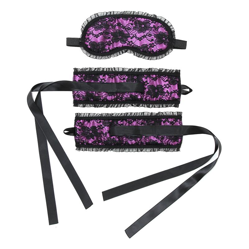 Rimba Bondage Play Bondage Satin Look Handcuffs with Mask Purple