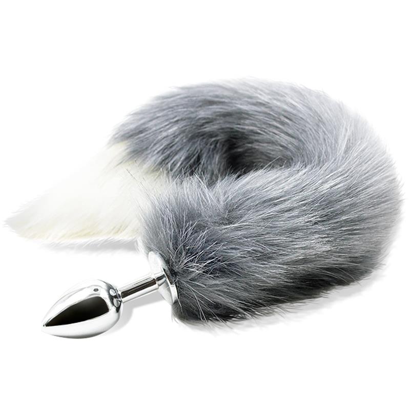 Anal Plug with Grey and White Foxy Tail Size S